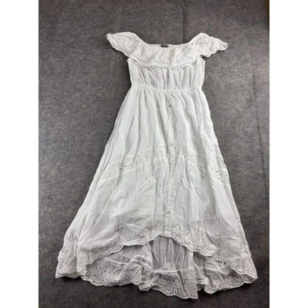 J Gee Women M White Midi Cottagecore Boho Eyelet Lace Coastal White Lined Dress